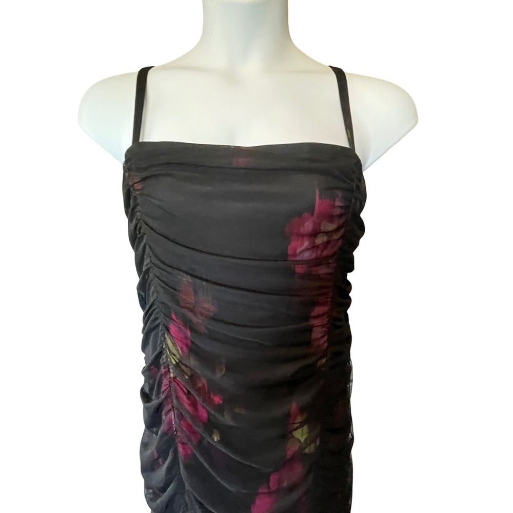 Womens Dark Floral Fairy Whimsigoth Midi Dress Mesh Ruched Bodycon Black Size 3X - Picture 3 of 11